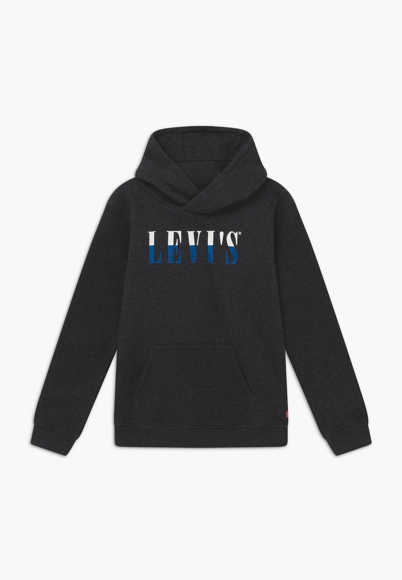 Sweat à capuche noir avec poche kangourou à l'avant, manches longues, et logo "LEVI'S" en blanc et bleu sur la poitrine.