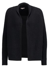 Schwarze Strickjacke mit offener Vorderseite, die strukturierte Maschenmuster, lange Ärmel und gerippte Bündchen und Saum aufweist.