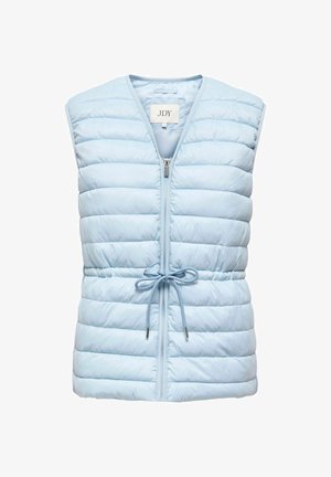 Veste sans manches matelassée bleu clair avec fermeture éclair à l'avant et taille ajustable par cordon, étiquetée JDY.