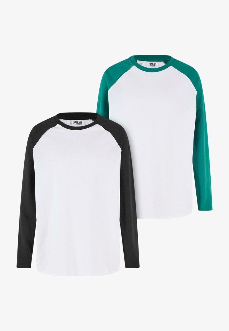 Két hosszú ujjú raglan póló: az egyik fehér testű és fekete ujjú, a másik fehér testű és türkiz ujjú. Pamut keverék, kerek nyakkivágású.