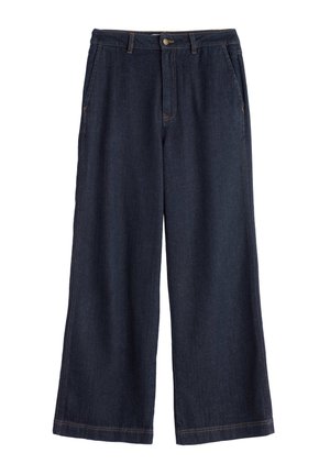 Tumed sinised laiad denim püksid, millel on nupuga ja tõmbelukuga sulgemine, viis taskut ja kontrastõmblused õmbluste ääres.