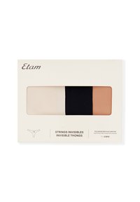 Pack de tres tangas invisibles en colores beige, negro y nude. Fabricadas con poliamida reciclada certificada. En la parte frontal se muestra el nombre de la marca "Etam."