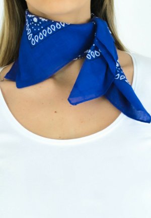 Foulard bandeau bleu en tissu léger, avec un motif cachemire le long des bords, noué autour du cou.