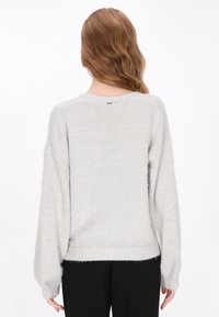Lichtgrijze oversized gebreide trui met lange mouwen, losse pasvorm, geribde manchetten en zoom, en een zachte textuur. Minimalistische branding op de achterkant.