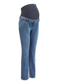 Jeans de maternidad en denim azul medio con un panel de vientre suave y elástico. Cuenta con cinco bolsillos y un diseño de pierna recta.