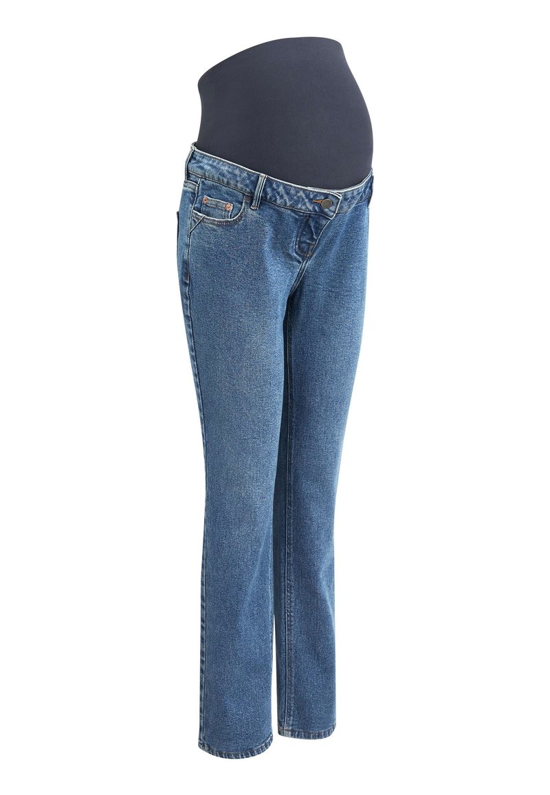 Jeans de maternidad en denim azul medio con un panel de vientre suave y elástico. Cuenta con cinco bolsillos y un diseño de pierna recta.