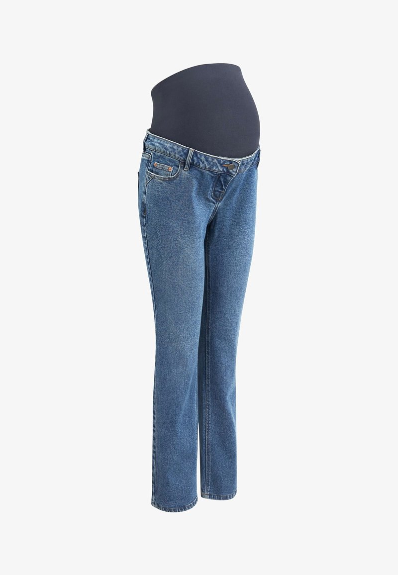 Maternity jeans in medium blue denim with a smooth, elastic belly panel. Features five pockets and a straight leg design.