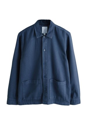 Veste bleu marine à manches longues avec boutons, col et deux poches appliquées devant, taille medium, design simple.