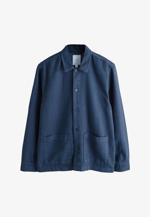 Veste bleu marine à manches longues avec boutons, col et deux poches appliquées devant, taille medium, design simple.
