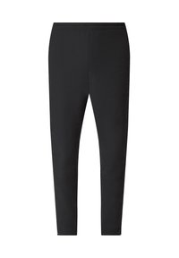 Schwarze Sportbekleidungshosen mit einem dehnbaren Bund, schmal zulaufendem Bein, glatter Textur und Reißverschlüssen am Saum.