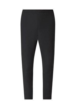 Black athletic pants featuring a stretchy waistband, tapered leg design, smooth texture, and zippered accents at the hem.