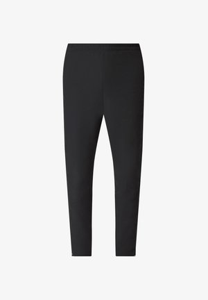 Black athletic pants featuring a stretchy waistband, tapered leg design, smooth texture, and zippered accents at the hem.