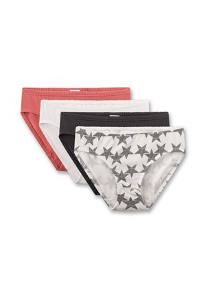 Set aus vier Damen-Slips: korallenrot, weiß, schwarz und grau mit Sternmuster, elastischen Bündchen und weichen Texturen.