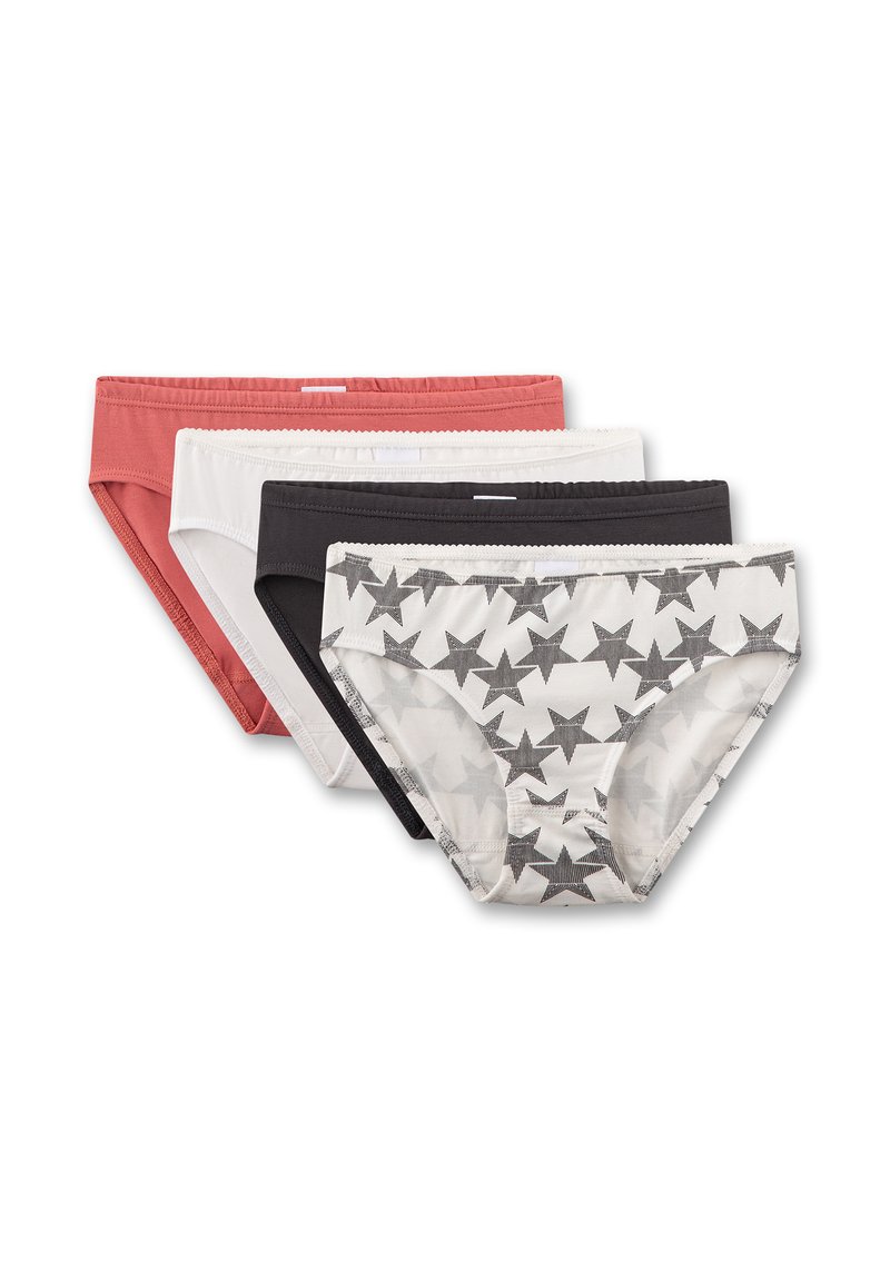 Set aus vier Damen-Slips: korallenrot, weiß, schwarz und grau mit Sternmuster, elastischen Bündchen und weichen Texturen.