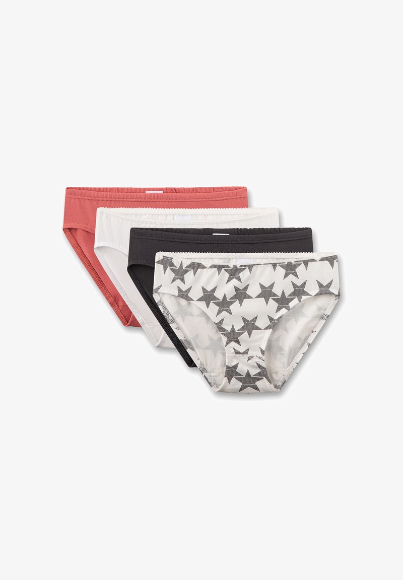 Set aus vier Damen-Slips: korallenrot, weiß, schwarz und grau mit Sternmuster, elastischen Bündchen und weichen Texturen.