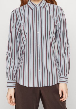 Gestreept overhemd met verticale lijnen in blauw en bordeauxrood, met een button-down kraag, lange mouwen en een afgeronde zoom. Gemaakt van een gladde stof.