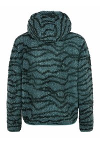 Fuzziniu gaubtuotas džemperis teal spalvos su tamsiai mėlynu tekstūriniu bangų raštu. Turi ilgas rankoves ir laisvą kirpimą. Minkšta medžiaga.