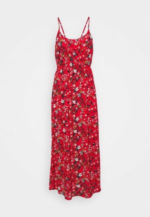 Rotes maxi Kleid mit dünnen Spaghetti-Trägern, das einen taillierten Oberteil und einen fließenden Rock aufweist, akzentuiert mit weißen und grünen Blumenmustern.