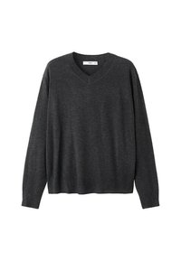 Pulover od ugljen-sive boje s v-izrezom, mekan pleteni materijal, duži rukavi, blago labav kroj, rebrasti rub i manžetne, minimalistički dizajn.
