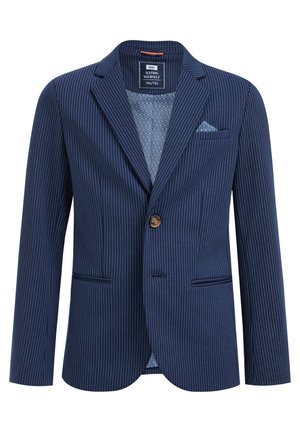 Marineblå blazer med nålestriber, enkel knap, notch-krave, to forlommer og mønstret foer. Har et lommetørklædedetalje.