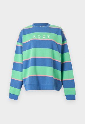Sweat-shirt rayé bleu et vert avec des accents roses et le texte "ROXY Established 1990" sur la poitrine, manches longues et col rond.