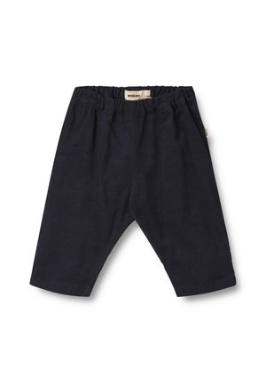 Mørk marineblå kordfløjlsbukser til småbørn med elastisk talje, lige ben og Wheat-mærke.