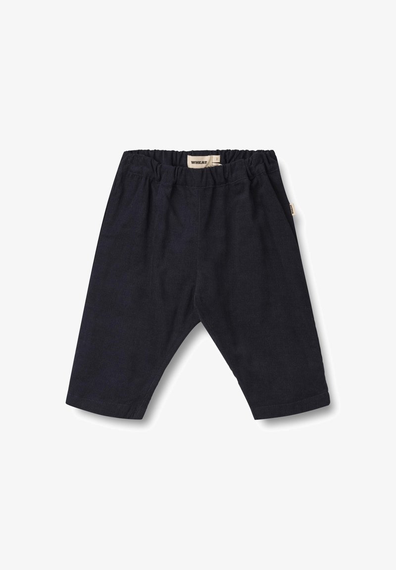Pantalon en velours côtelé bleu marine foncé pour tout-petit, avec taille élastique, jambes droites, et étiquette de la marque Wheat.