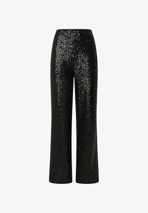 Black sequin trousers with a straight leg design, featuring a smooth waistband and reflective texture, creating a shimmering effect.
