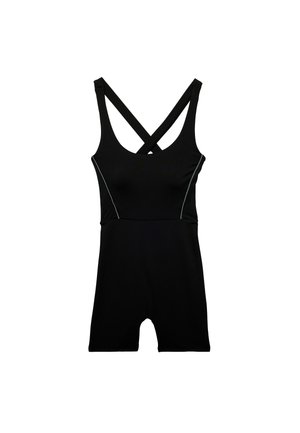 Zwart mouwloos sportrompertje met gekruiste rugbandjes en subtiele zijnaaddetails.