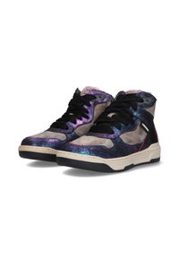 High-top sneakers featuring a holographic purple and blue shimmer, black laces, grey suede accents, and a textured black rubber sole.
