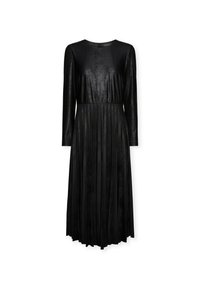 Schwarzes langärmliges Kleid aus glatter Stoff, mit einer taillierten Taille und einem gefältelten Rock, der eine fließende Silhouette erzeugt. Rundhalsausschnitt.