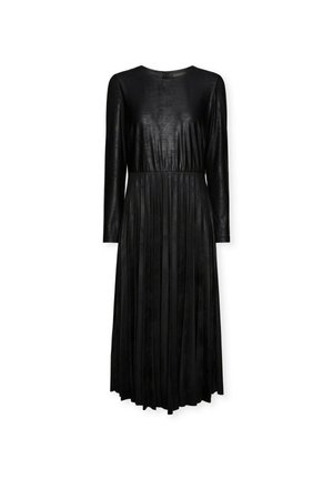 Black long-sleeve dress made of smooth fabric, featuring a fitted waist and pleated skirt, creating a flowy silhouette. Round neckline.