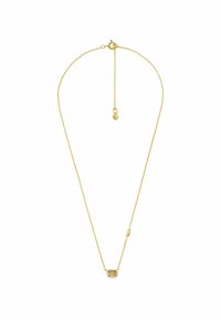 Collar de cadena color dorado con un colgante rectangular que presenta un acento de piedra clara, diseñado con una textura sutil y delicados eslabones.