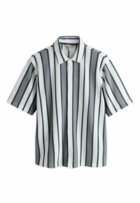 Short-sleeved button-up shirt featuring vertical blue and white stripes with a textured fabric. Classic collar and five front buttons.