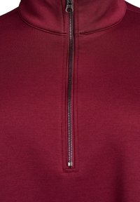 Burgunderfarbener Reißverschluss-Pullover mit starkem silbernen Reißverschluss, hohem Kragen und weichem, strukturiertem Stoff. Glatte Oberfläche, keine sichtbaren Muster.