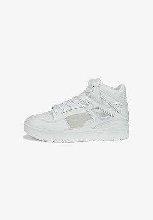 High-top sneaker in white leather with grey suede accents, featuring lace-up design, padded collar, and textured rubber sole.