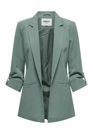 Grüner Damenblazer mit hochgekrempelten Dreiviertelärmeln, Revers mit Kerbe und zwei vorderen Einschubtaschen, vorne offen gezeigt.