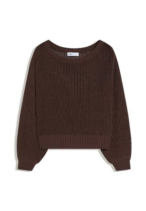 Donkerbruin gebreide trui met een losse ronde hals, lange ballonmouwen en geribbelde boorden aan mouwen en zoom.