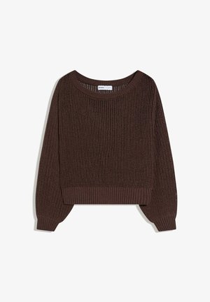 Pulover tricotat maro închis cu un decolteu rotund larg, mâneci lungi bufante și manșete și tiv cu dungi rib.