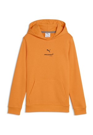 Sudadera con capucha de color naranja con bolsillo frontal tipo canguro y logotipos negros de Puma y McLaren Racing centrados en el pecho.