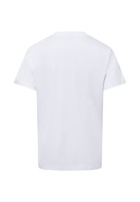 Hvid kortærmet t-shirt, rund halsudskæring, blødt bomuldsstof, ensfarvet design, glat tekstur, ingen mønstre eller synlige detaljer.