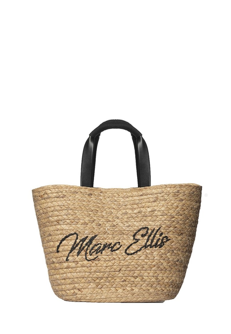 Borsa a tracolla in paglia intrecciata con manici in ecopelle nera. Presenta la scritta corsiva "Marc Ellis" sul davanti. Colore naturale con superficie testurizzata.