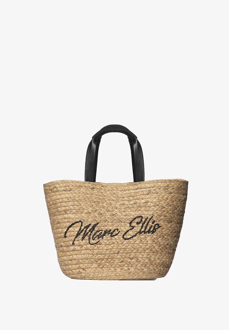 Borsa a tracolla in paglia intrecciata con manici in ecopelle nera. Presenta la scritta corsiva "Marc Ellis" sul davanti. Colore naturale con superficie testurizzata.