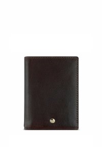 Portafoglio in pelle marrone con una superficie liscia, forma rettangolare, cuciture visibili e un piccolo accento dorato nella parte anteriore inferiore.