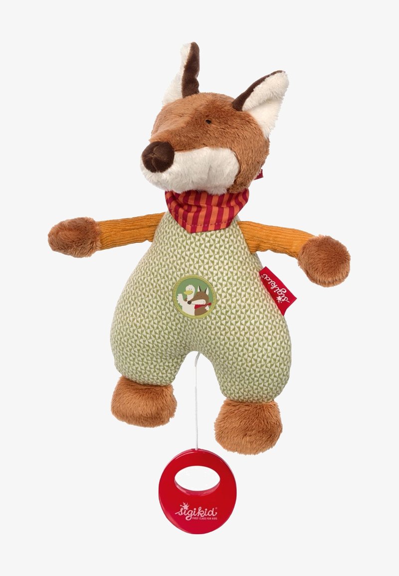 Giocattolo morbido a forma di volpe con volto e orecchie marroni, arti arancioni, corpo verde con texture e sciarpa rossa a strisce; presenta un cordino da tirare e un accento circolare.