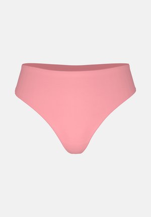Bas de bikini rose en tissu lisse, avec une coupe taille haute et un style minimaliste, sans motifs ni éléments supplémentaires.