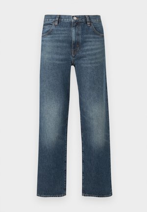 Jean en denim bleu avec une coupe droite, présentant un délavage plus clair au niveau des cuisses, cinq poches et une fermeture à boutons à l'avant.