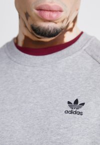 Pilkas džemperis su bordo spalvos apykakle ir juodu „Adidas“ logotipu išsiuvinėtu ant krūtinės. Minkšta tekstūra, apvali iškirptė ir raglan tipo rankovės.