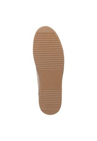 Rubber shoe sole, light brown with horizontal grooves for grip, rounded toe, and a smooth edge for a clean finish.