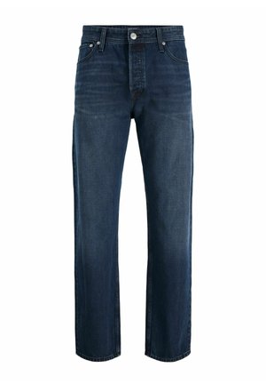 Dunkelblaue Jeans mit geradem Bein, vorderem Knopf und Taschen, sichtbaren Nähten, vor weißem Hintergrund.